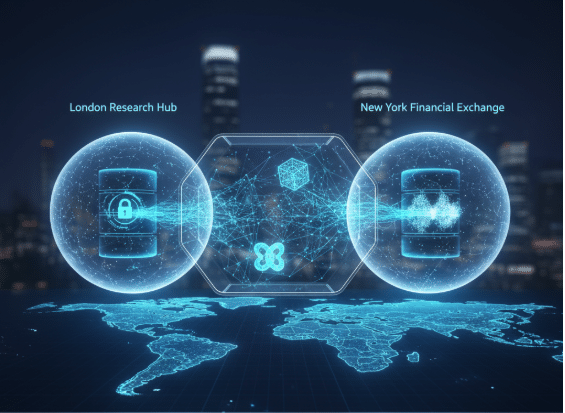 Modern visualization of privacy enhancing technologies (PETs) protecting sensitive data flows across a global network, supporting ethical AI development and secure cross-border collaboration with Duality platform