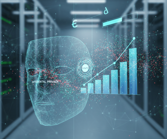 A conceptual digital visualization of differential privacy showing a wireframe human face dissolving into randomized data noise