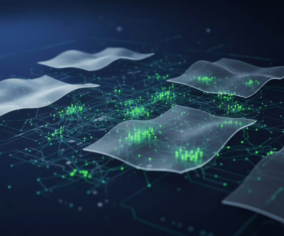 Illustration representing Differential Privacy with abstract data points and protective layers symbolizing secure data analysis and privacy preservation.