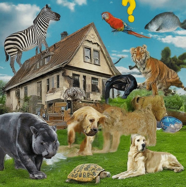 a bunch of animals around a house with a question mark