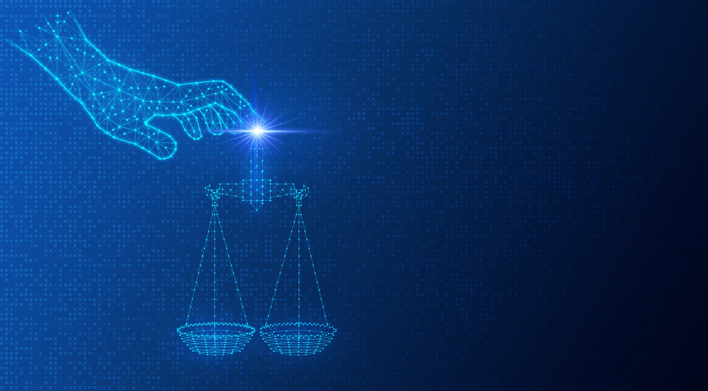 A rendered image of a blue illuminated hand over a regulatory scale portraying AI regulations for data privacy.