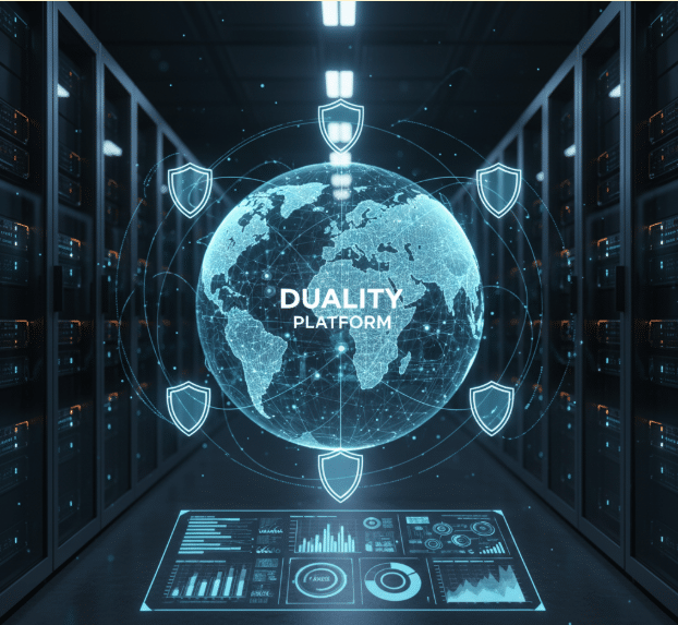 High-tech visualization of data sovereignty requirements, showing a digital world map protected by encryption icons and secure data storage nodes in a modern data center environment.