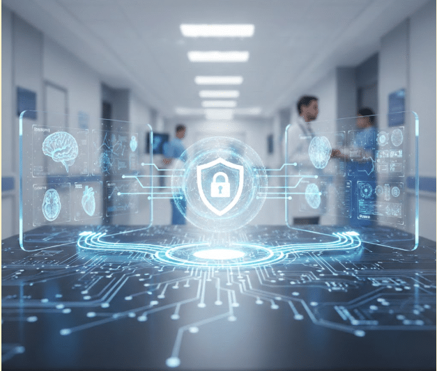 Federated learning in healthcare platform by Duality showing secure decentralized AI training across multiple medical institutions.