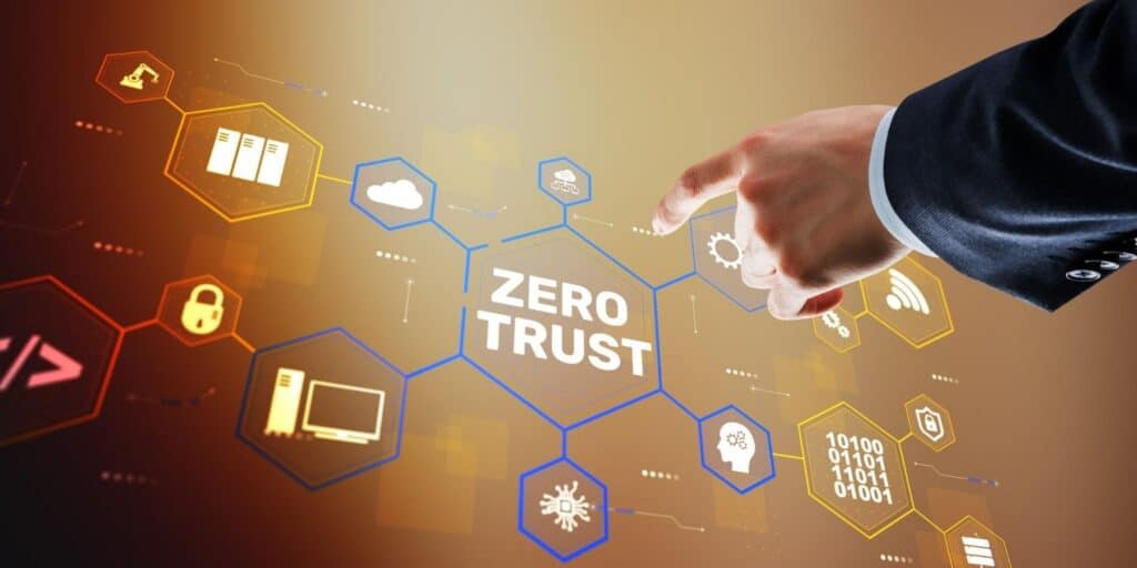 Zero trust security concept with interconnected digital systems and secure data access controls