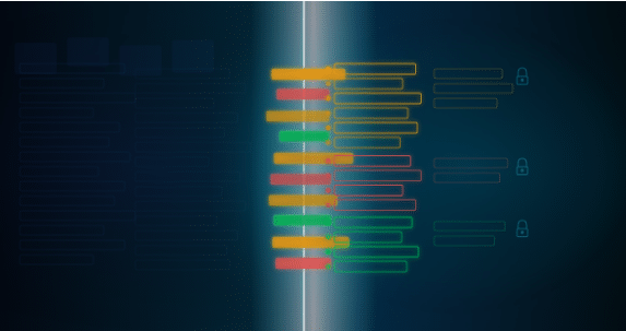 Abstract visualization of a scanning beam moving across an enterprise data landscape, revealing classified sensitive data records emerging from shadow into light.