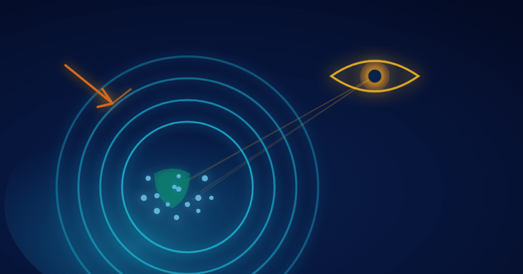 A fortified security perimeter keeps intruders out while a watching eye still sees individual records inside, illustrating how data can be secure but still violate privacy
